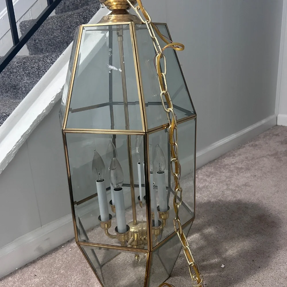 Vintage Fredrick Ramond Hanging 6 Light Candelabra Chandelier Beveled Glass